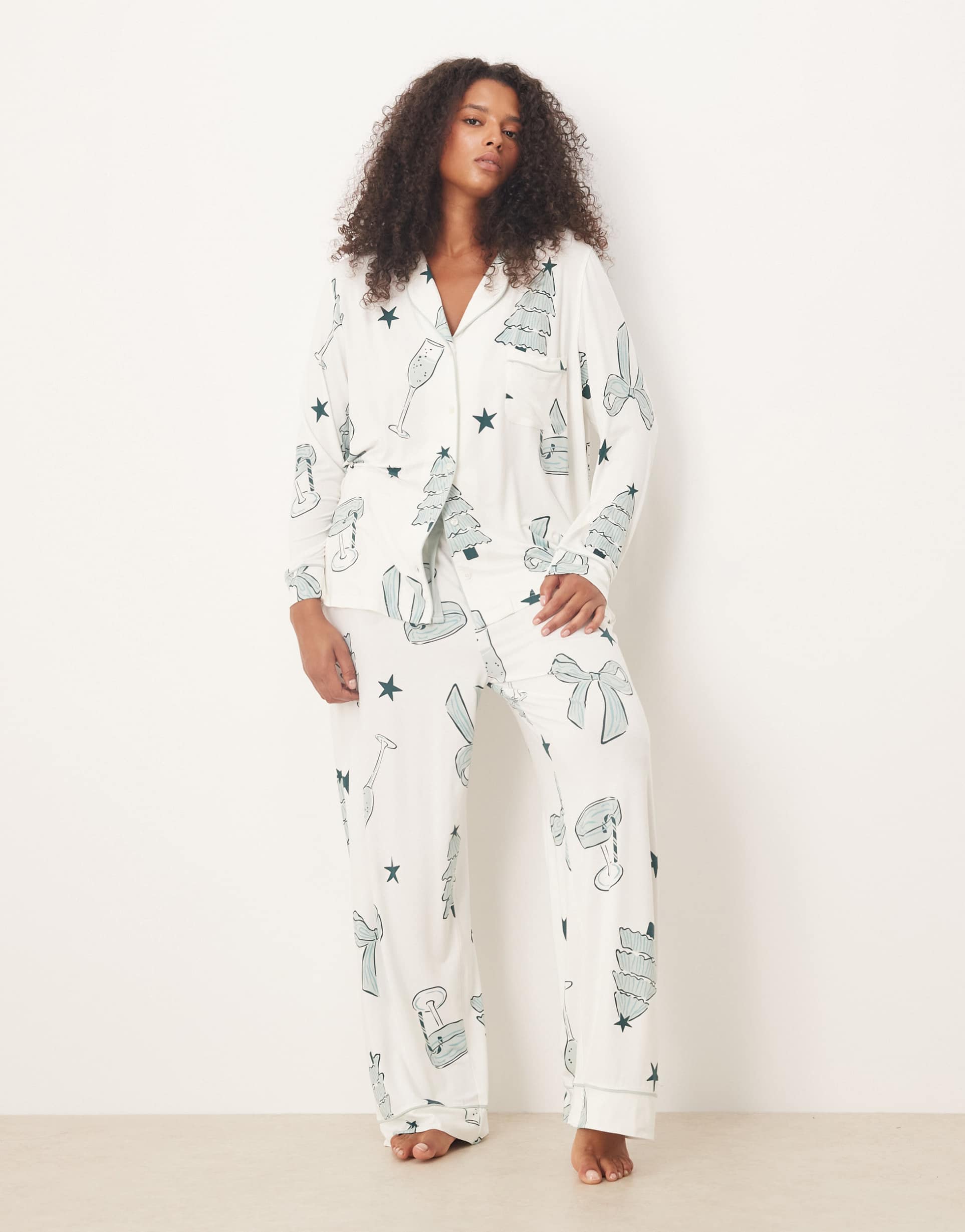 asos design curve super soft long sleeve shirt & pants pajama set with contrast piping in christmas drinks print
