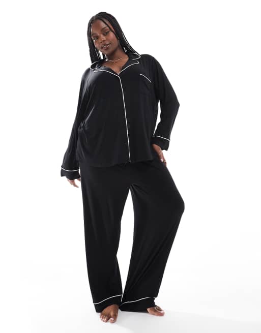 ASOS DESIGN Curve super soft long sleeve shirt & pants pyjama set with contrast piping in black
