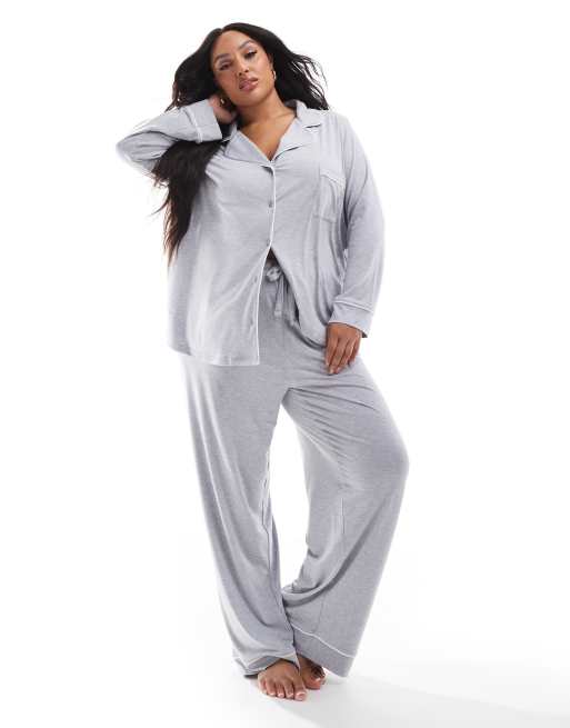 ASOS DESIGN Curve super soft long sleeve shirt & pants pyjama set with contrast piping in grey