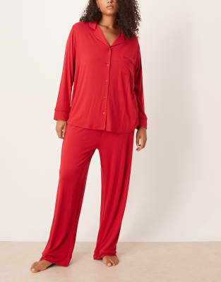 ASOS Curve ASOS DESIGN Curve super soft long sleeve shirt & trouser pyjama set in red