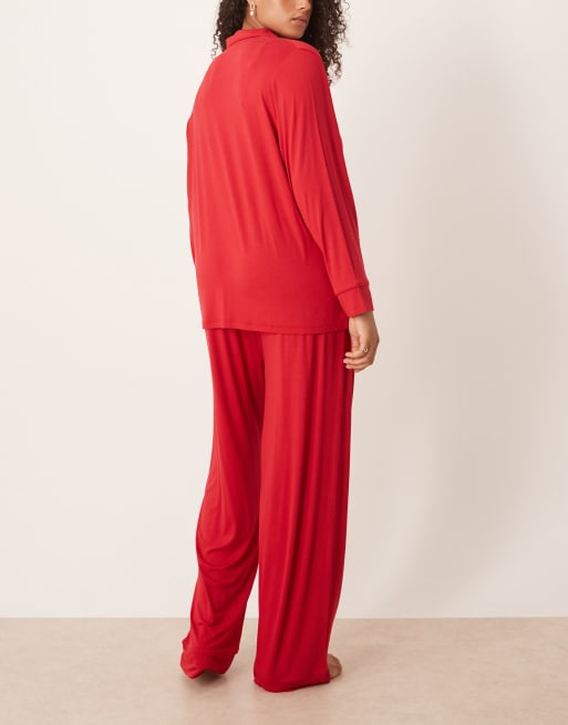 ASOS DESIGN Curve super soft long sleeve shirt & trouser pyjama set in red, 4 of 4