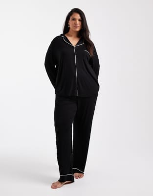 Asos Curve Asos Design Curve Super Soft Long Sleeve Shirt & Trouser Pyjama Set With Contrast Piping In Black