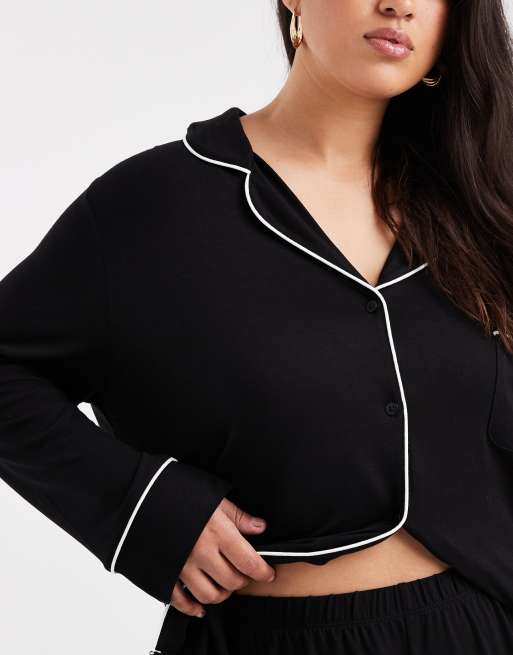 ASOS DESIGN Curve super soft long sleeve shirt & trouser pyjama set with contrast piping in black, 3 of 4