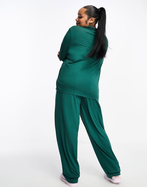 ASOS DESIGN Curve super soft long sleeve shirt trouser pyjama set with contrast piping in green