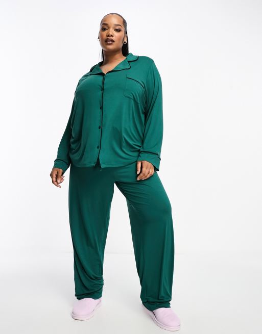 ASOS DESIGN Curve super soft long sleeve shirt trouser pyjama set with contrast piping in green