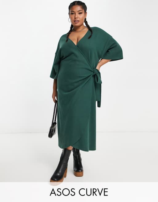ASOS DESIGN Curve super soft midi wrap jumper dress with belt in forest  green | ASOS