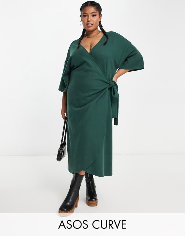 ASOS DESIGN Curve super soft midi wrap sweater dress with belt in forest green