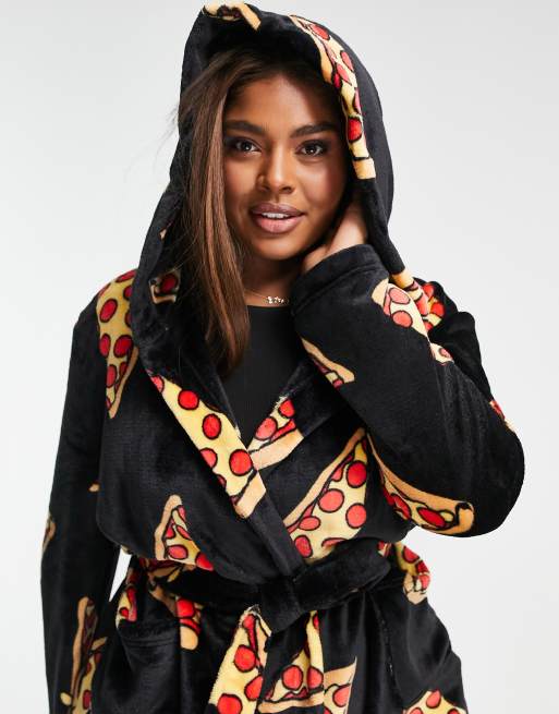 ASOS DESIGN Curve super soft pizza print fleece robe in black ASOS