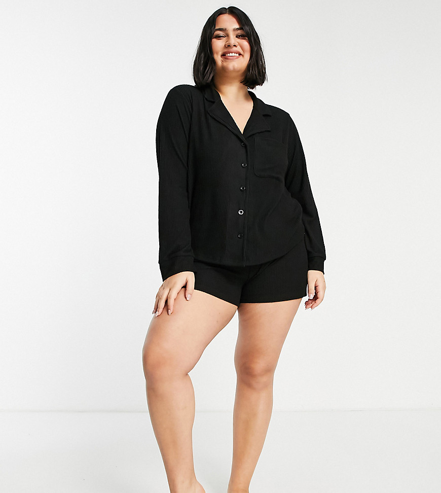 ASOS DESIGN Curve super soft rib shirt & short pajama set in black