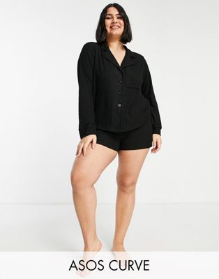 ASOS DESIGN Curve super soft rib shirt & shorts pyjama set in black - ASOS Price Checker