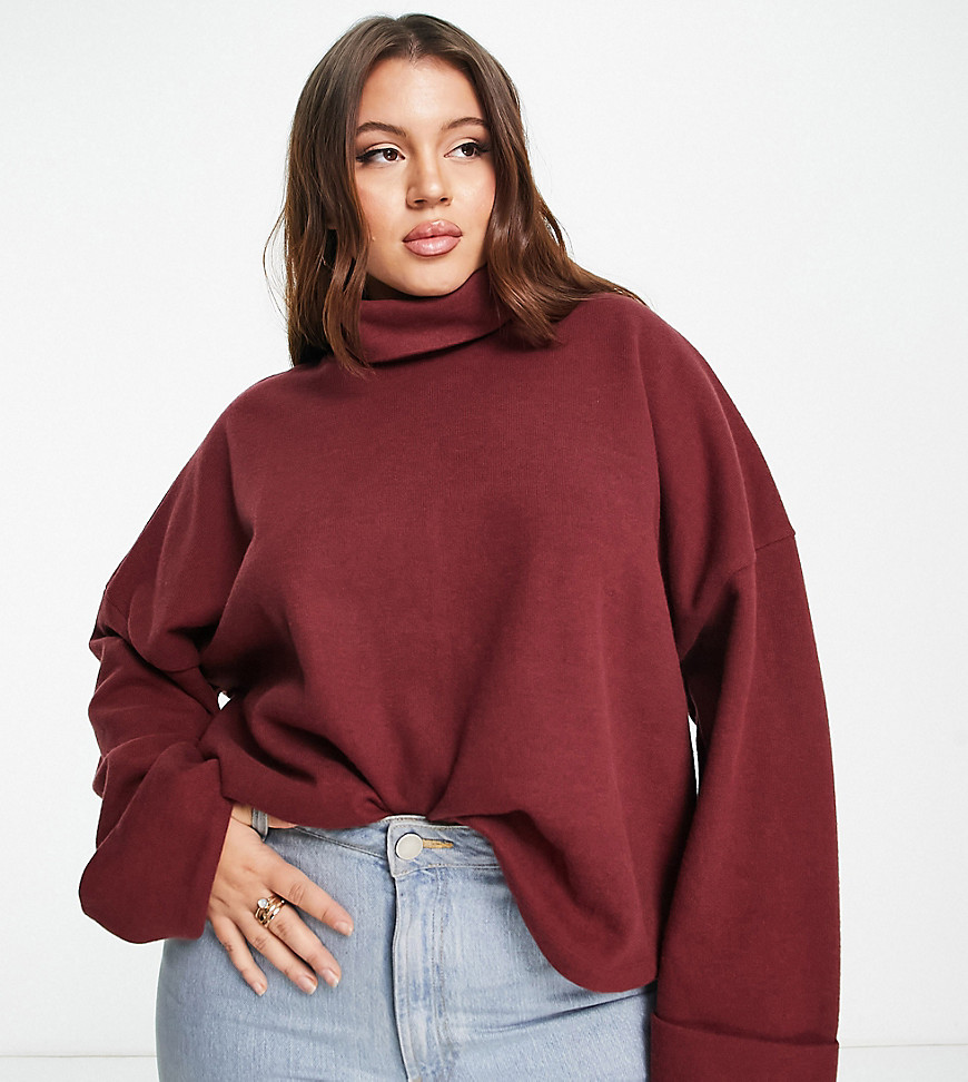 ASOS DESIGN Curve super soft roll neck sweater with cuff detail in merlot-Red