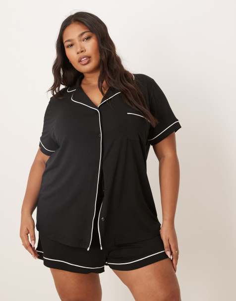 ASOS DESIGN Curve super soft short sleeve shirt and short pyjama set in black - view 1