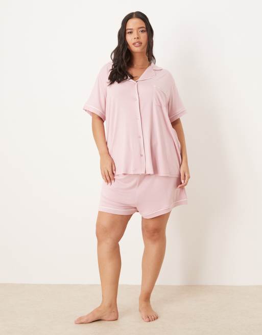 ASOS DESIGN Curve super soft short sleeve shirt and short pyjama set in dusty pink, 2 of 4