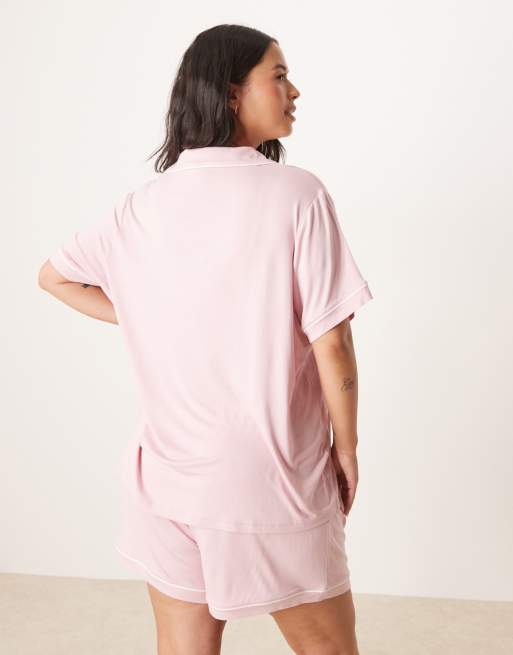 ASOS DESIGN Curve super soft short sleeve shirt and short pyjama set in dusty pink, 4 of 4