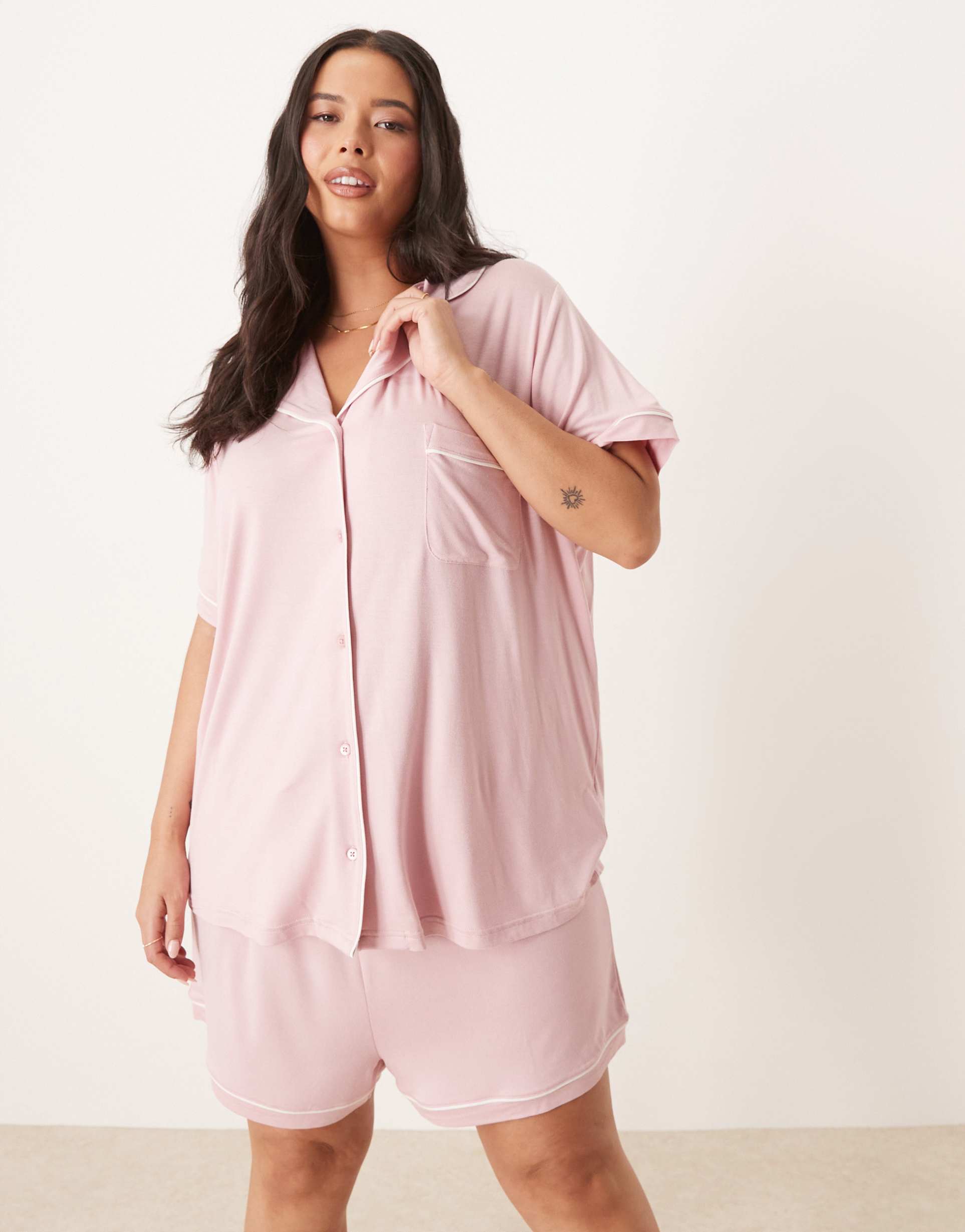 asos design curve super soft short sleeve shirt and shorts pajama set in dusty pink