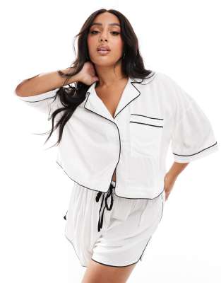 ASOS DESIGN Curve super soft slinky crop pyjama shirt in white with contrast binding