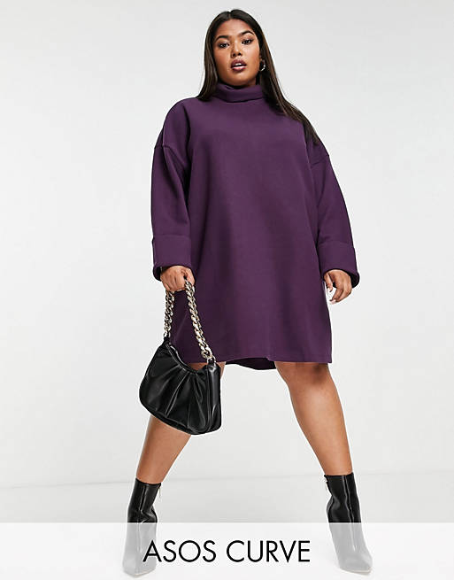 Women Curve super soft turned cuff roll neck mini jumper dress in aubergine 