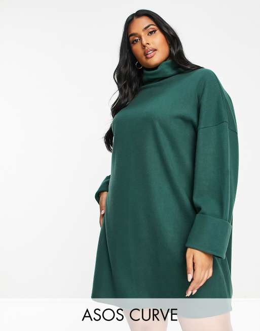 ASOS DESIGN Curve super soft turned cuff roll neck mini jumper dress in  forest green | ASOS