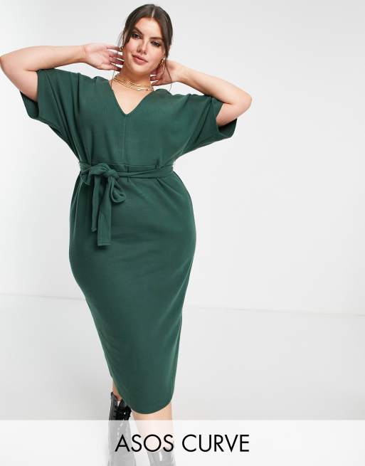 ASOS DESIGN Curve super soft v neck belted midi jumper dress in