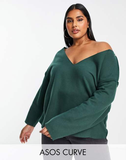 ASOS DESIGN Curve super soft V neck jumper with exposed seams in green