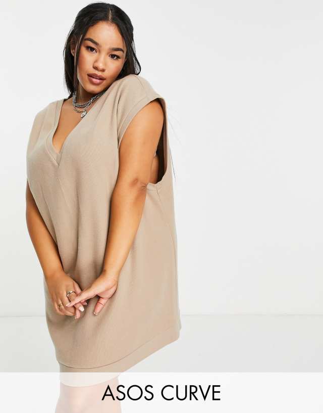 ASOS DESIGN Curve super soft v neck mini sweater vest dress in camel