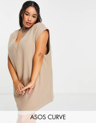 ASOS DESIGN Curve super soft v neck vest mini jumper dress in camel - ASOS Price Checker