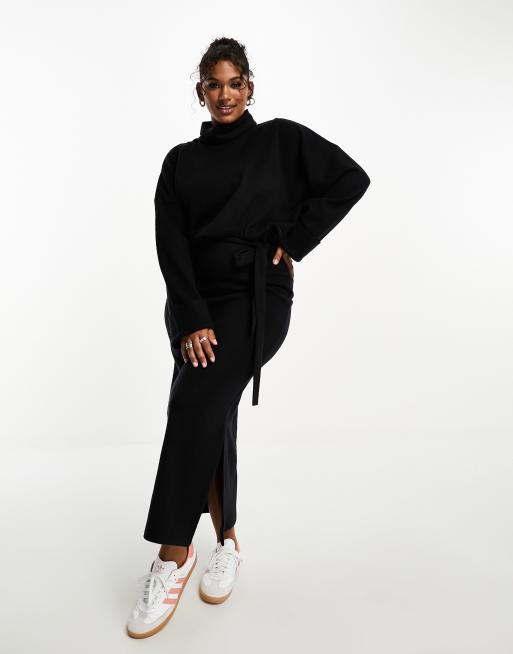 ASOS DESIGN Curve super soft volume sleeve roll neck belted maxi jumper dress in black