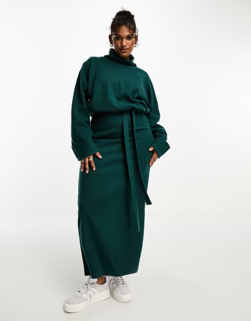 ASOS DESIGN Curve super soft volume sleeve roll neck belted maxi jumper dress in forest green