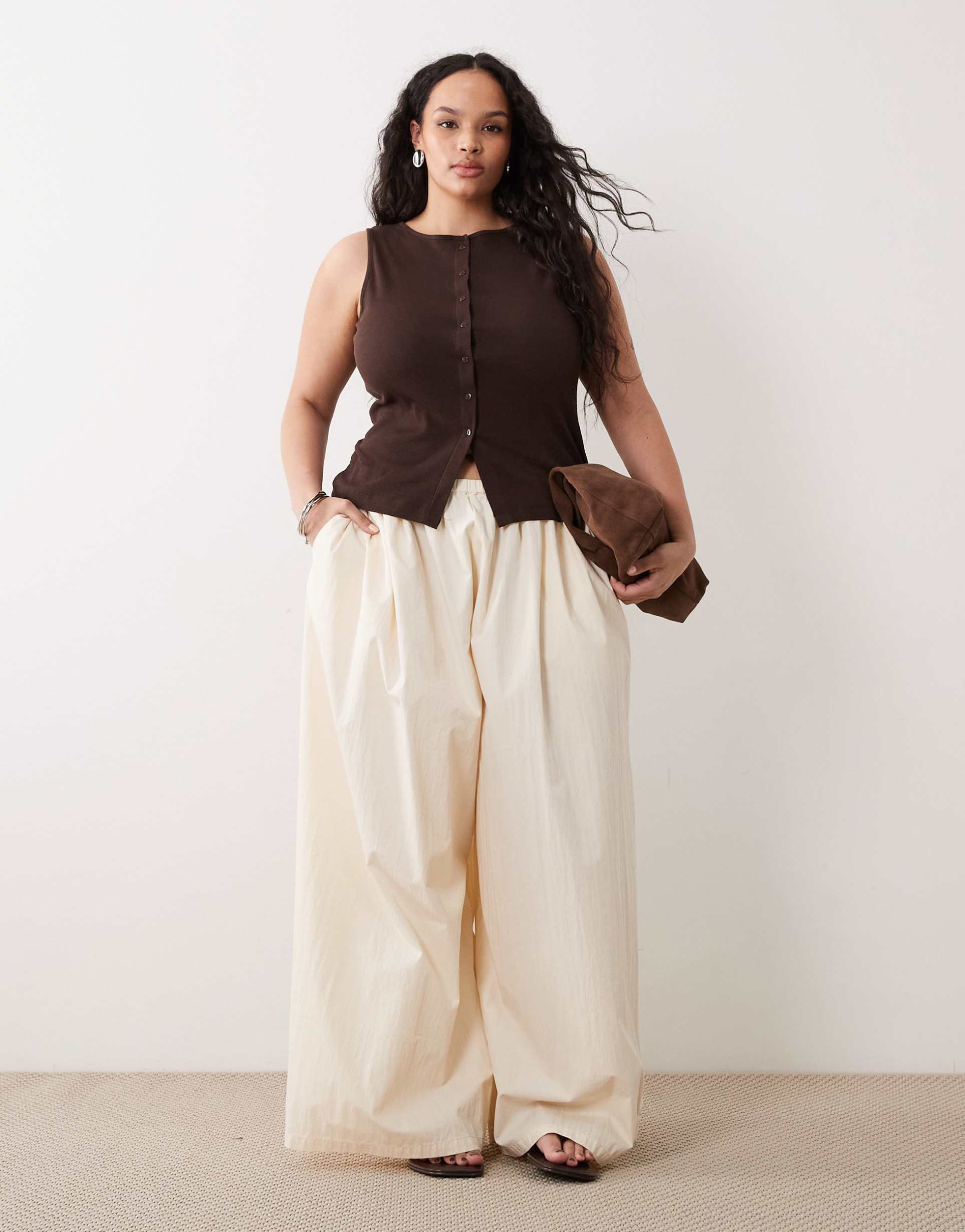 asos design curve super wide leg pants in cream