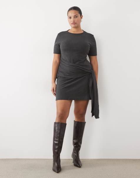 ASOS DESIGN Curve supermiękka mini sukienka wiązana po bokach w kolorze charcoal - view 1