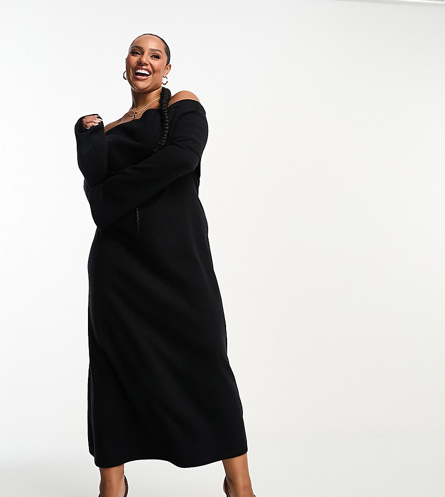 ASOS DESIGN Curve supersoft bardot midi dress with flare sleeve in black - BLACK