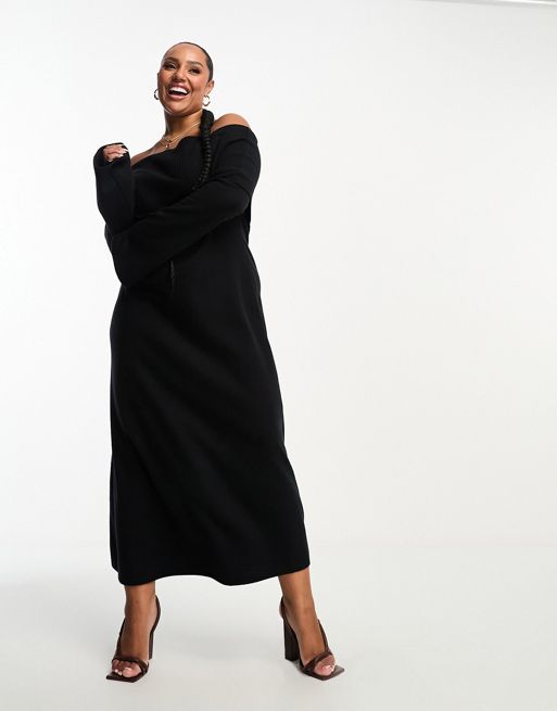 FhyzicsShops DESIGN Curve supersoft bardot midi dress with flare sleeve in black - BLACK