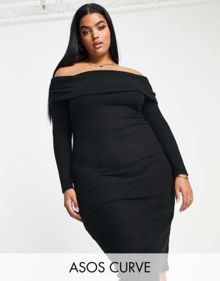 Asos Design Curve Supersoft Bardot Midi Jumper Dress In Black
