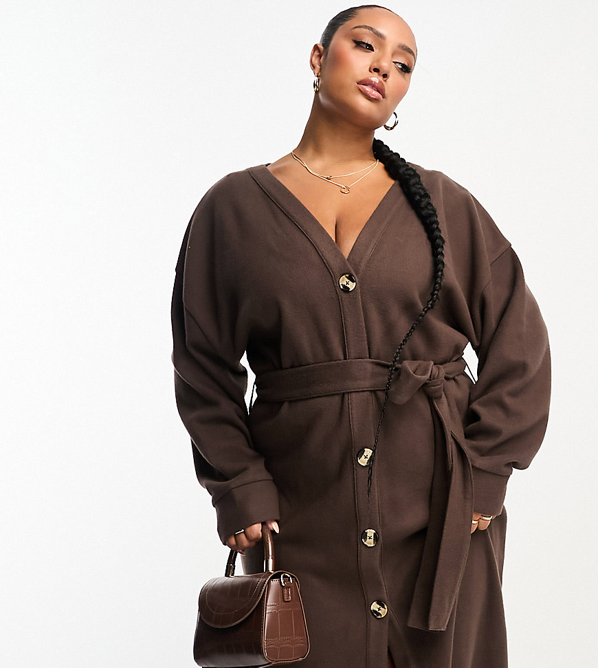 ASOS DESIGN Curve supersoft button through maxi cardigan belted dress in chocolate-Brown
