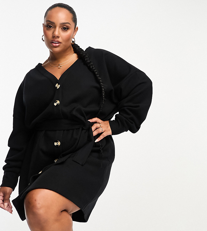 ASOS DESIGN curve supersoft button through mini cardigan belted dress in black