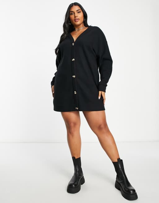 ASOS DESIGN Curve supersoft button up cardigan mini dress in black, 4 of 4