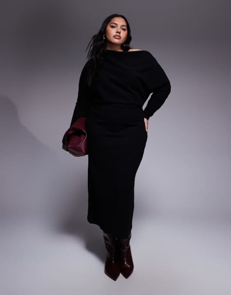 ASOS DESIGN Curve supersoft long sleeve fallen shoulder midi in black - view 1