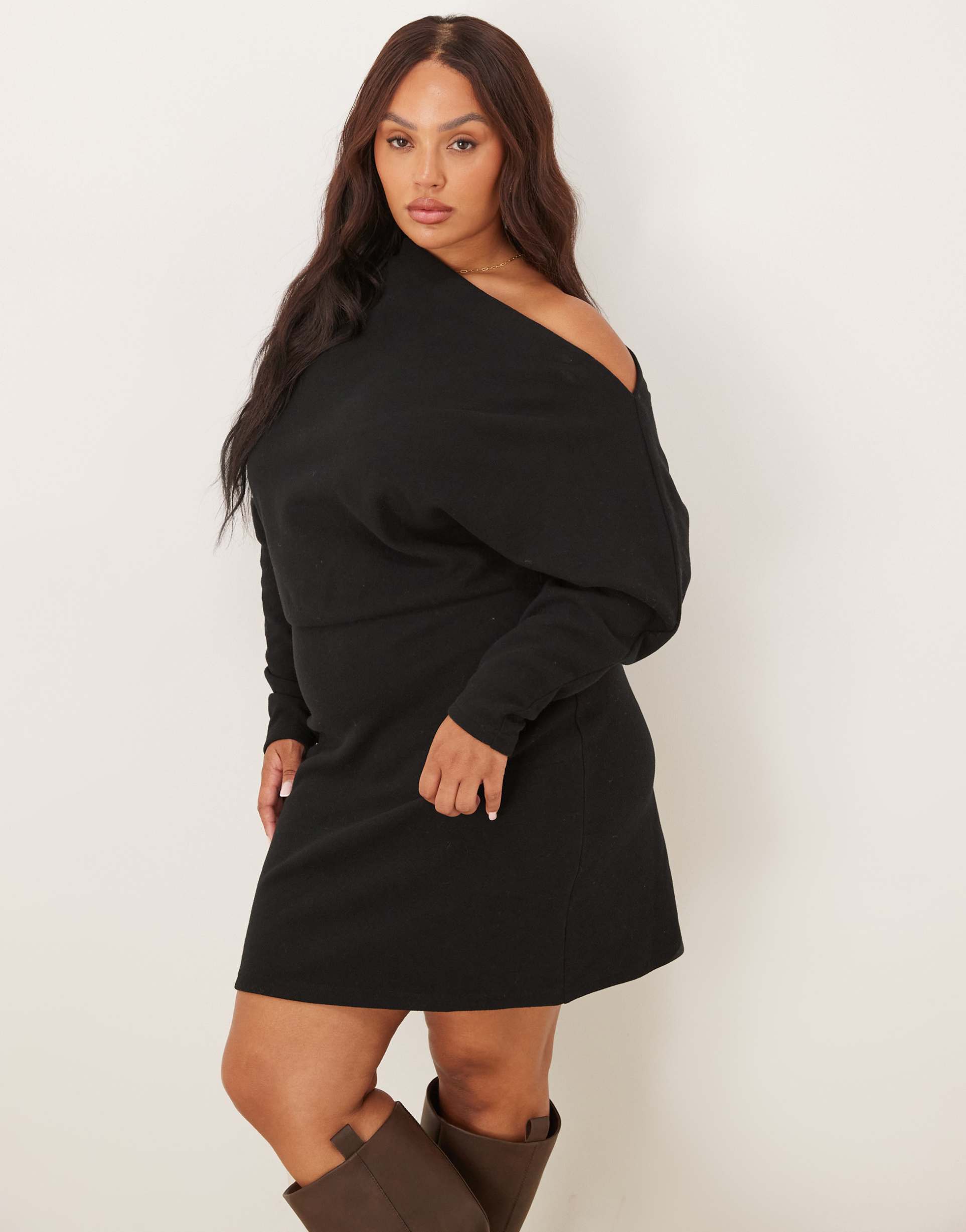 asos design curve supersoft long sleeve fallen shoulder mini dress in black