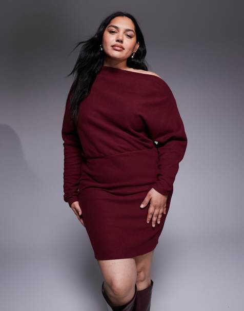ASOS DESIGN Curve supersoft long sleeve fallen shoulder mini dress in mulberry - view 1