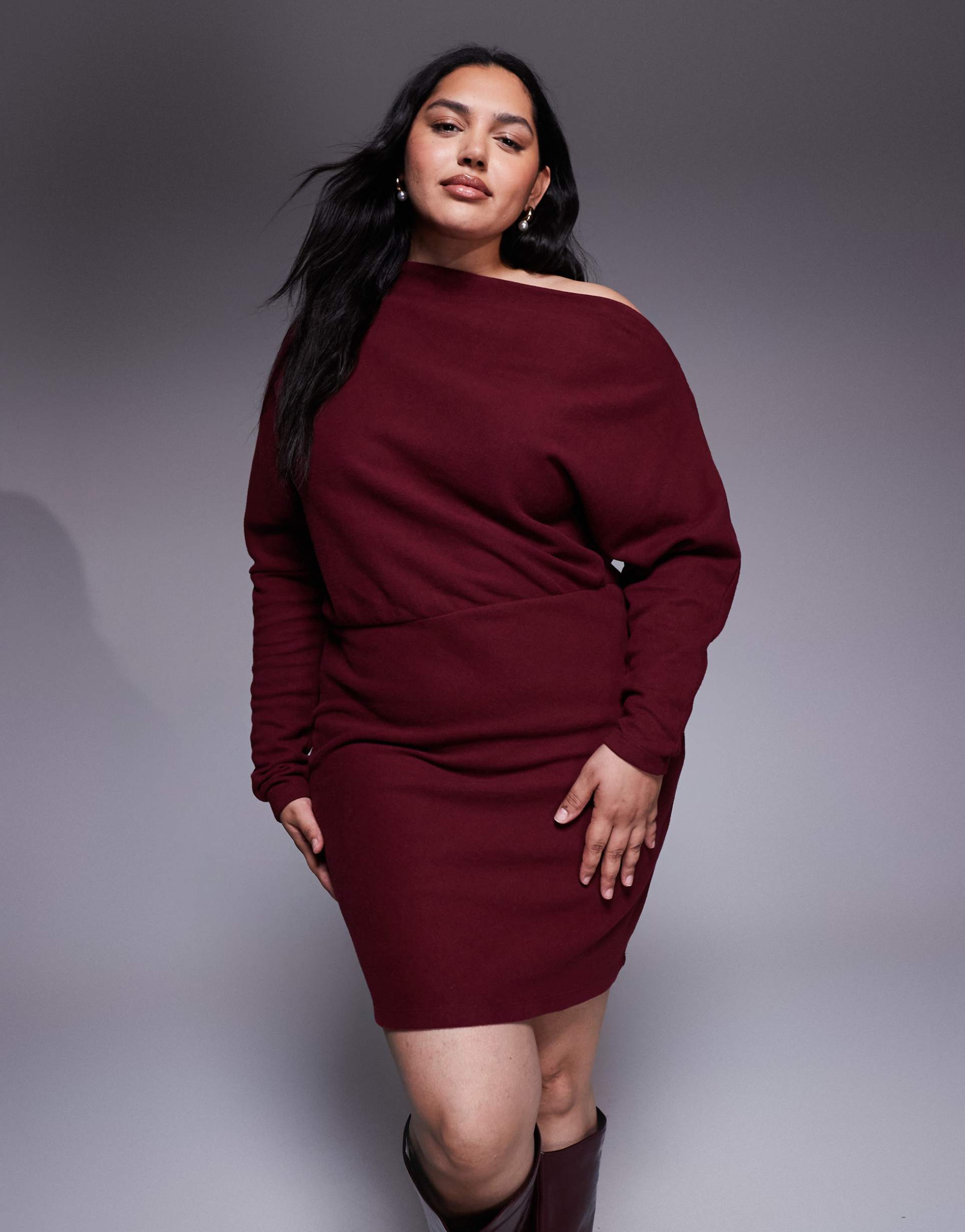 asos design curve supersoft long sleeve fallen shoulder mini dress in mulberry