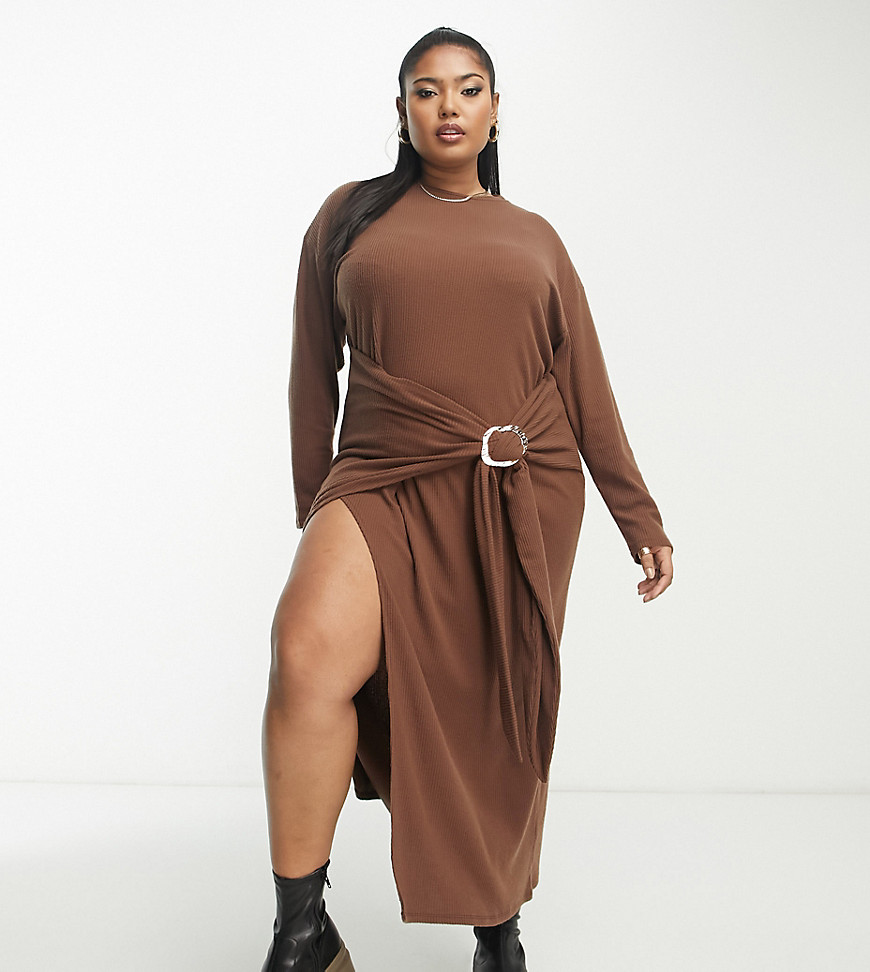 Asos Curve Asos Design Curve Supersoft Long Sleeve Midi Dress With Drapey Sarong Detail In Chocolate Brown