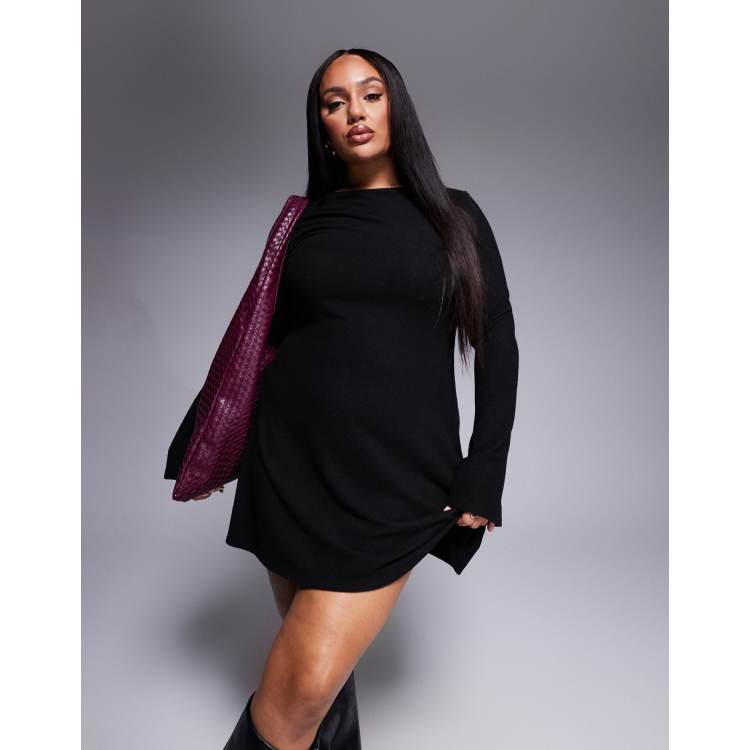 ASOS DESIGN Curve supersoft long sleeve mini swing dress in black | ASOS