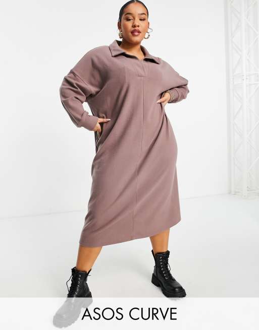 ASOS DESIGN Curve supersoft long sleeve polo midi jumper dress in taupe - BEIGE