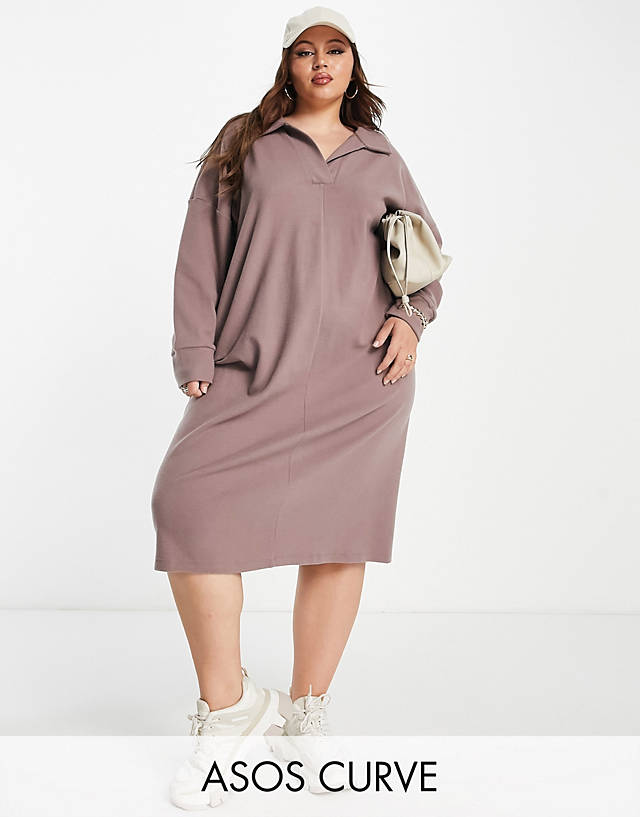 ASOS Curve - ASOS DESIGN Curve supersoft long sleeve polo midi jumper dress in taupe - STONE