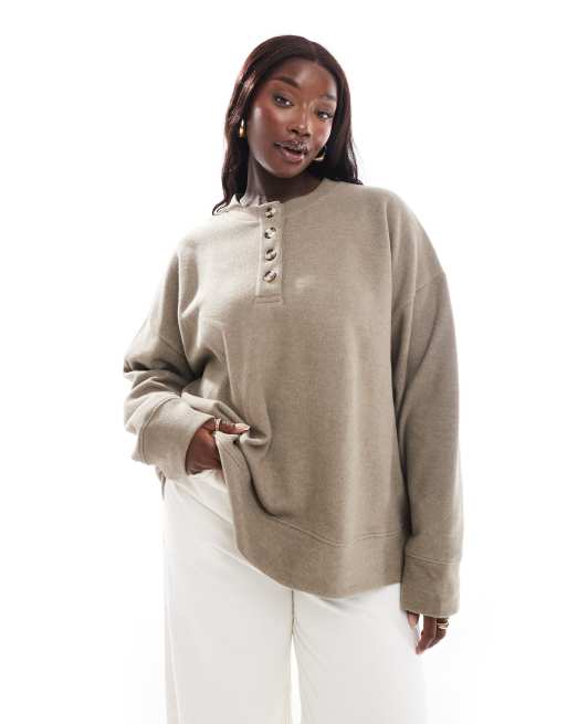 ASOS DESIGN Curve supersoft oversized henley sweater in taupe heather