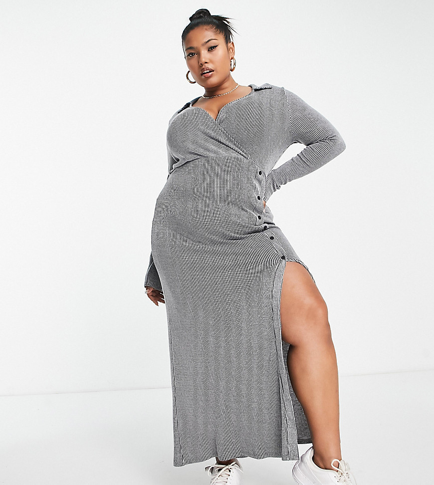 Asos Curve Asos Design Curve Supersoft Ribbed Long Sleeve Maxi Dress With Collar In Gray Spacedye