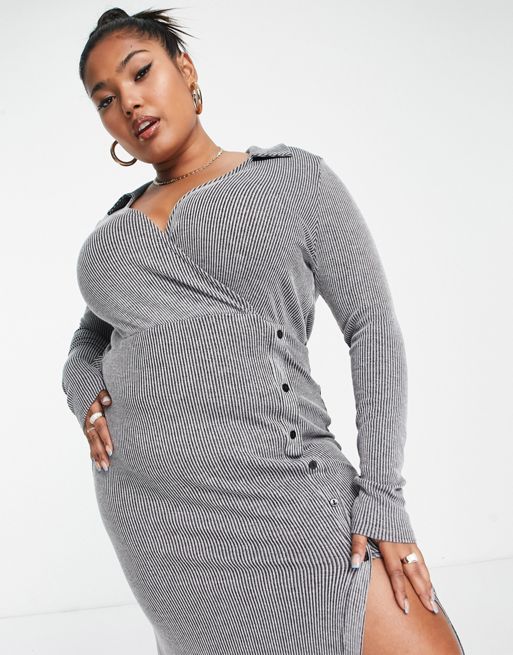 ASOS DESIGN Curve supersoft ribbed long sleeve maxi dress with collar in  gray spacedye