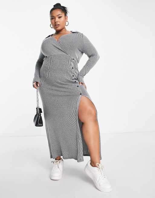 ASOS DESIGN Curve supersoft ribbed long sleeve maxi dress with collar in grey spacedye