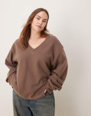 Asos Curve Asos Design Curve Supersoft Ruched Sleeve V Neck Sweater In Brown