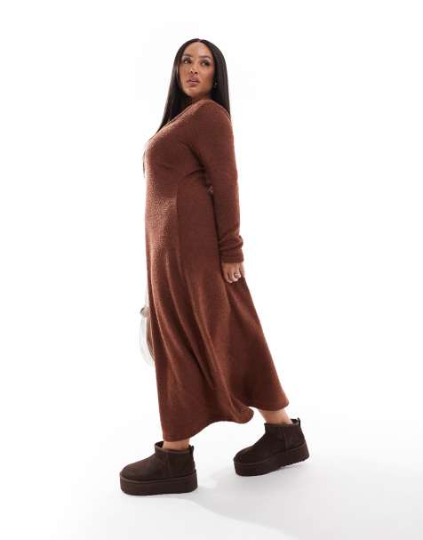 ASOS DESIGN Curve supersoft scoop neck fit and flare midi dress in chocolate - view 1